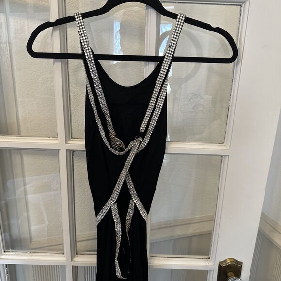 Vintage 90s Cache Evening Gown Women's M Black Dress Crystal Embellished Straps - Picture 4 of 13